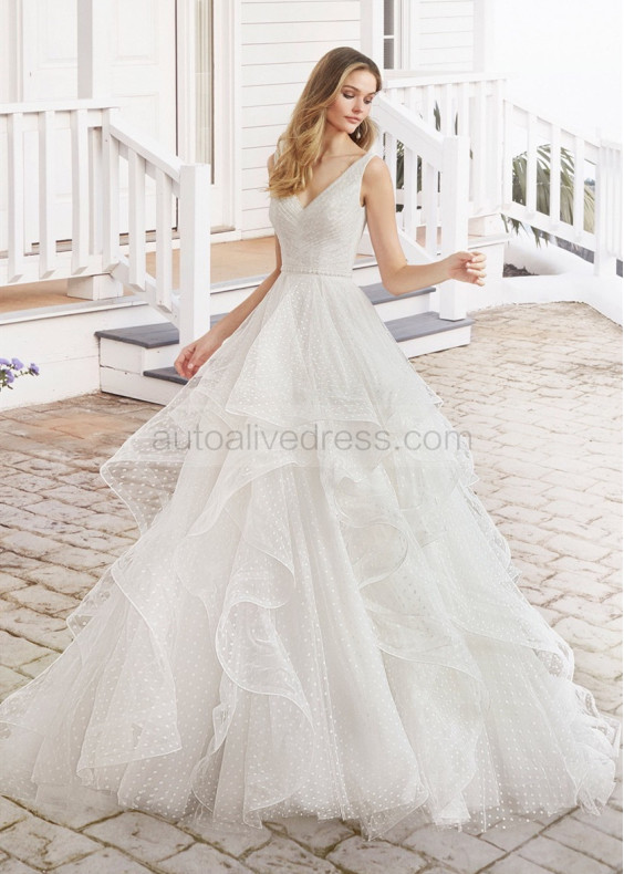 V Neck Pleated Ivory Polka Dot Tulle Ruffle Wedding Dress